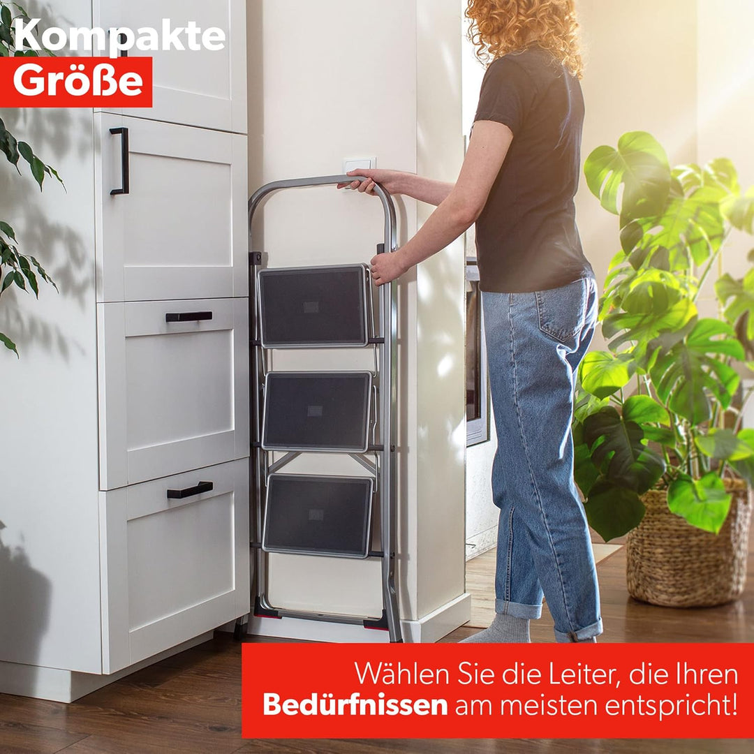 KADAX Klappleiter aus Stahl, Trittleiter mit Traglast bis 150kg, Leiter mit Klappsicherung, Handlauf