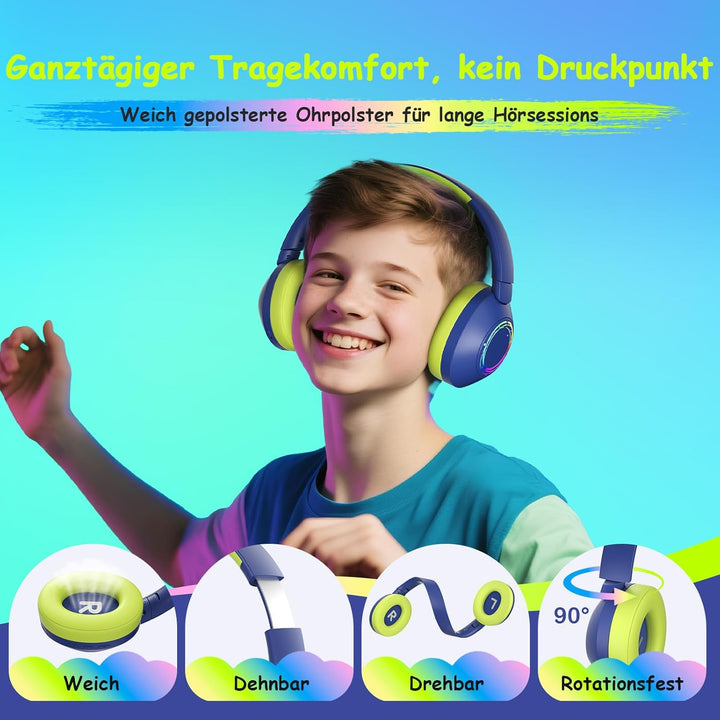 Noise Cancelling Kopfhörer Kinder, Kinderkopfhörer Bluetooth, Bunte RGB LED Leuchte, 60h Spielzeit,
