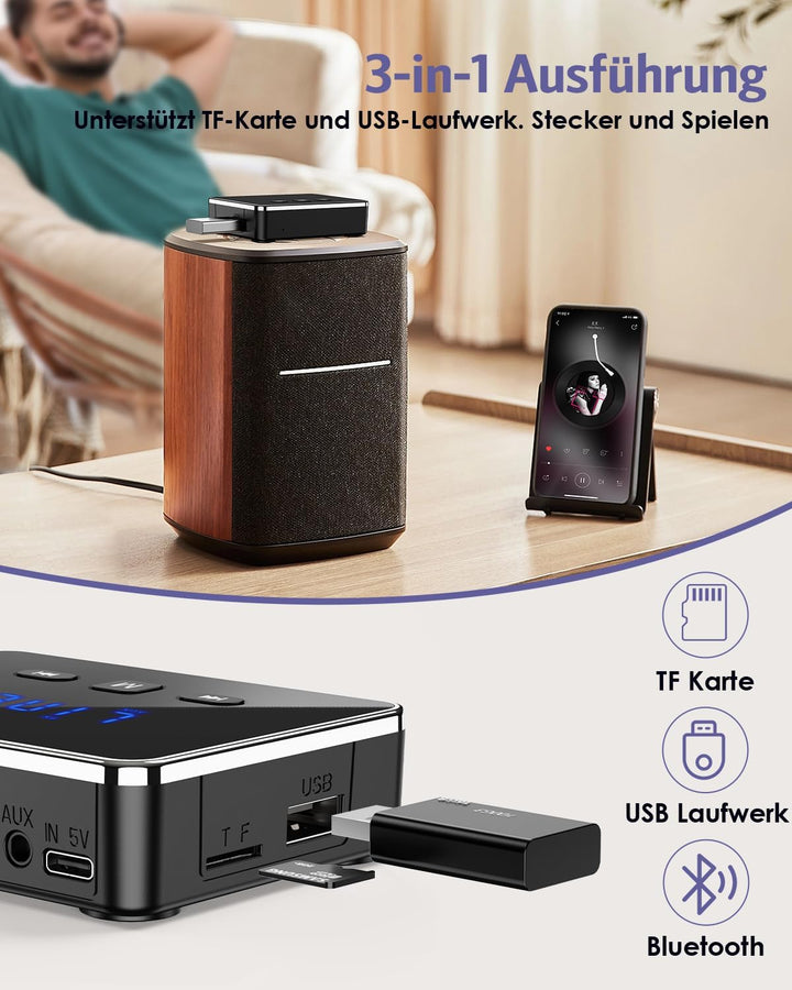 Bluetooth 5.4 Sender Empfänger, 3-in-1 Bluetooth Adapter mit AUX/RCA/Optisch, Low Latency Audio Tran