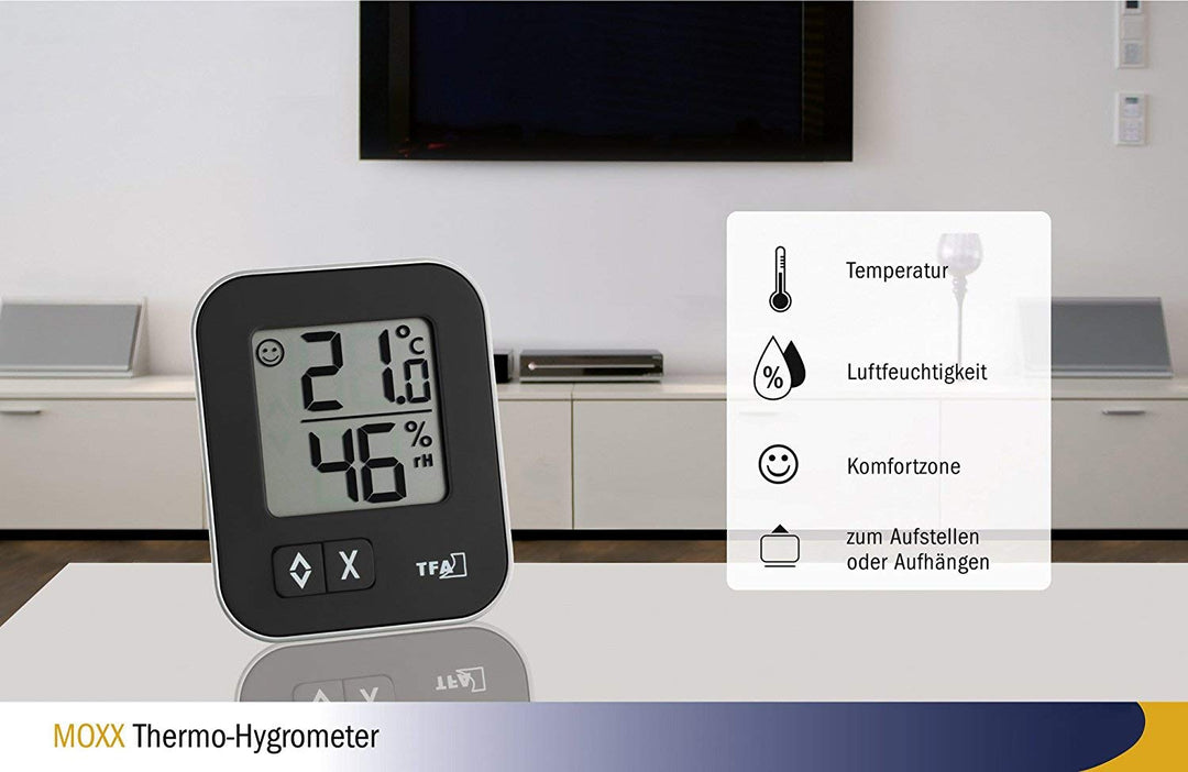 TFA Dostmann digitales Thermo-Hygrometer Moxx, 30.5026, zur Raumklimakontrolle, Luftfeuchtigkeitsmes
