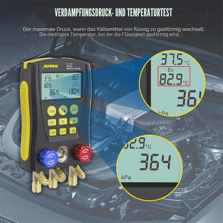 AUTOOL lm120+ Digitales Kältemanometer, HLK-System Kältemanometer/Vakuumdruck-Temperatur-Lecktester