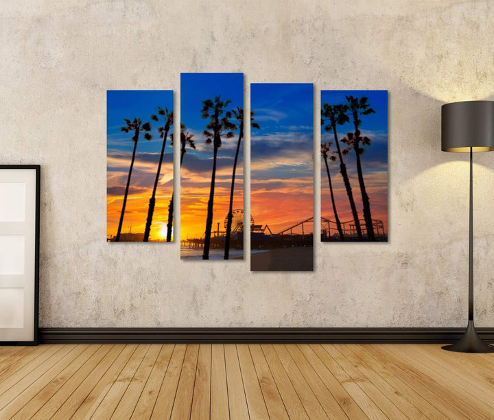 islandburner Prime Bild auf Leinwand Santa Monica Kalifornien Sonnenuntergang Pier Fähren Rad Reflex