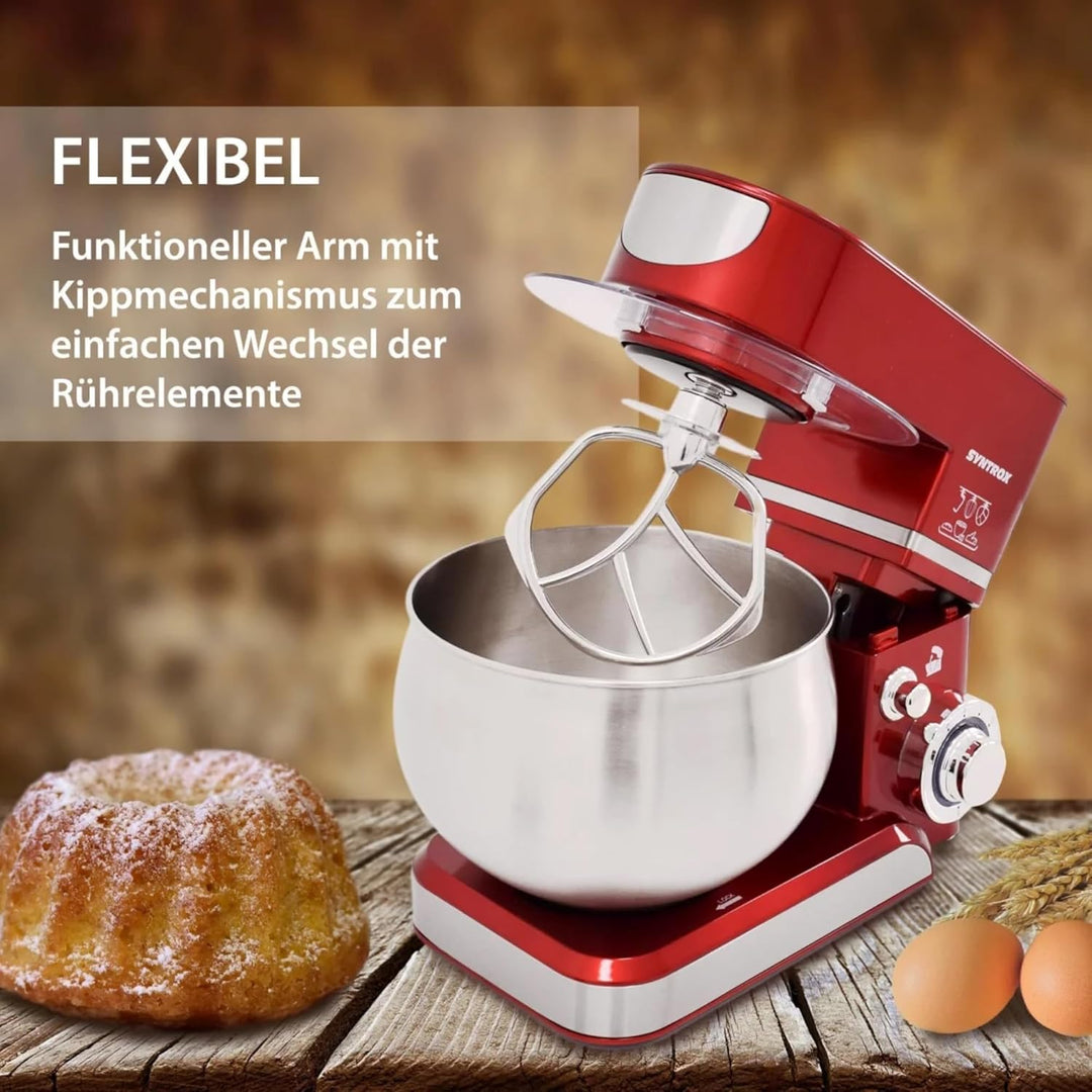 Syntrox Küchenmaschine & Knetmaschine Rot Basic 5 Liter, Stabile rutschfeste Gummifüsse, Hochwertige