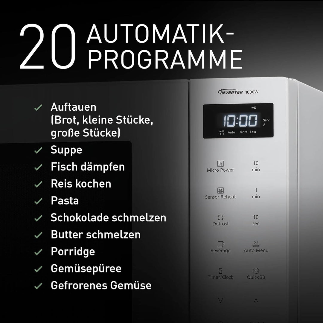 Panasonic NN-ST64QWEPG 32L Inverter Solo Mikrowelle, 1000 Watt Leistung, 20 Automatikprogramme, Quic