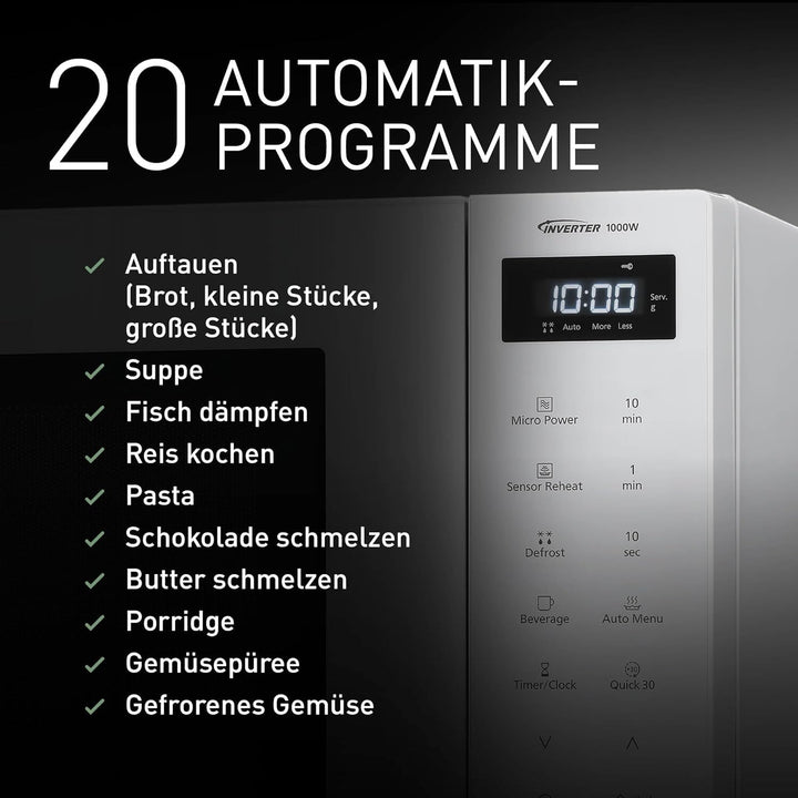 Panasonic NN-ST64QWEPG 32L Inverter Solo Mikrowelle, 1000 Watt Leistung, 20 Automatikprogramme, Quic