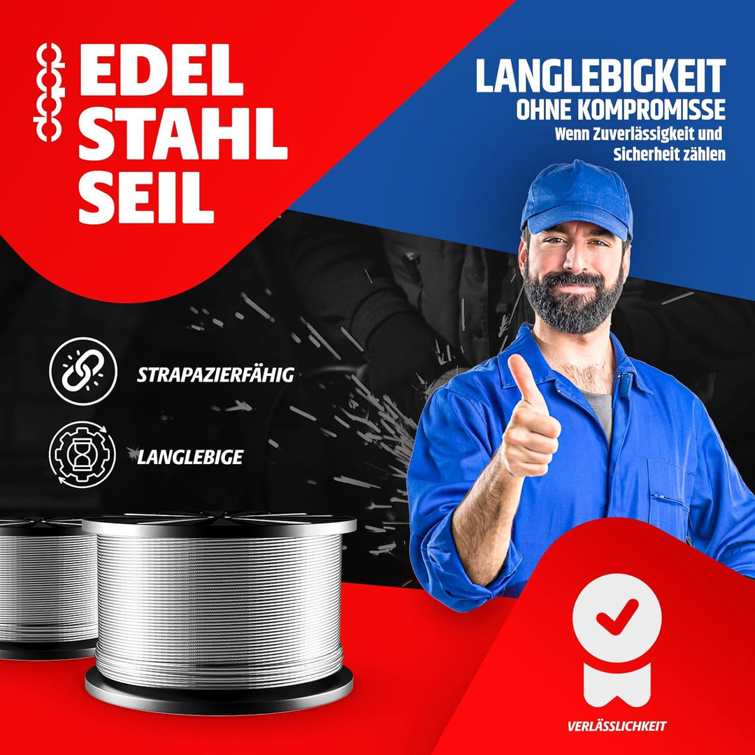 DQ-PP STAHLSEIL | 4mm | 100m | Edelstahl INOX | 7x7 mittelweich | Drahtseil für Rankhilfe Rostfrei S