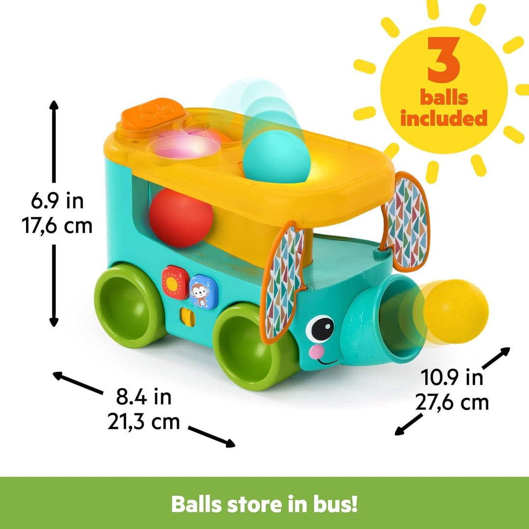 Bright Starts Pop & Roll Safari Bus Ballspielzeug, Elefanten Popper und Werfer, Baby Krabbelspielzeu