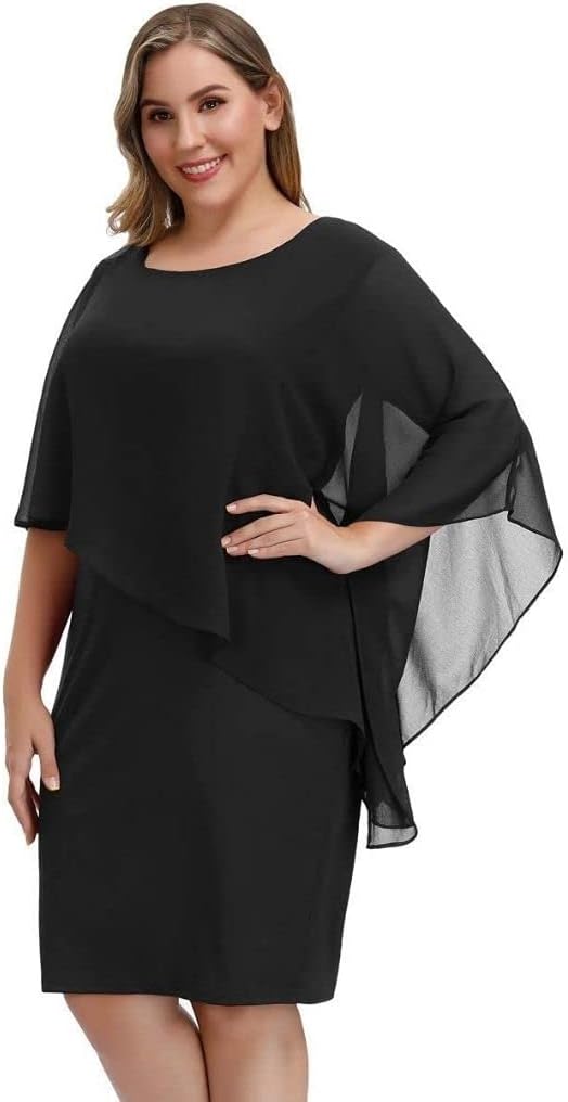 Hanna Nikole Damen Grosse Grösse Chiffon Cape Cocktailkleid Knielang Abendkleid mit Overlay M Schwar