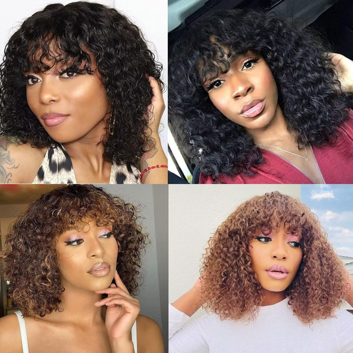 Echthaar Perücke mit Pony Kurze lockige Bob Perücke Echthaar Jerry Curl Bob Perücke für schwarze Fra