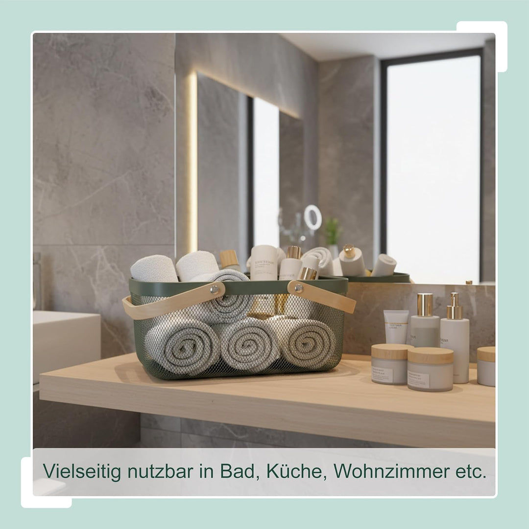 Relaxdays Drahtkorb mit Henkel, eckig, Aufbewahrungskorb Metall & Holz, Utensilienkorb Küche, Bad, W