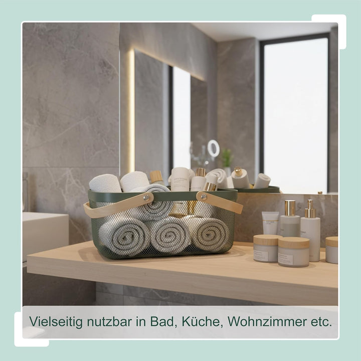 Relaxdays Drahtkorb mit Henkel, eckig, Aufbewahrungskorb Metall & Holz, Utensilienkorb Küche, Bad, W