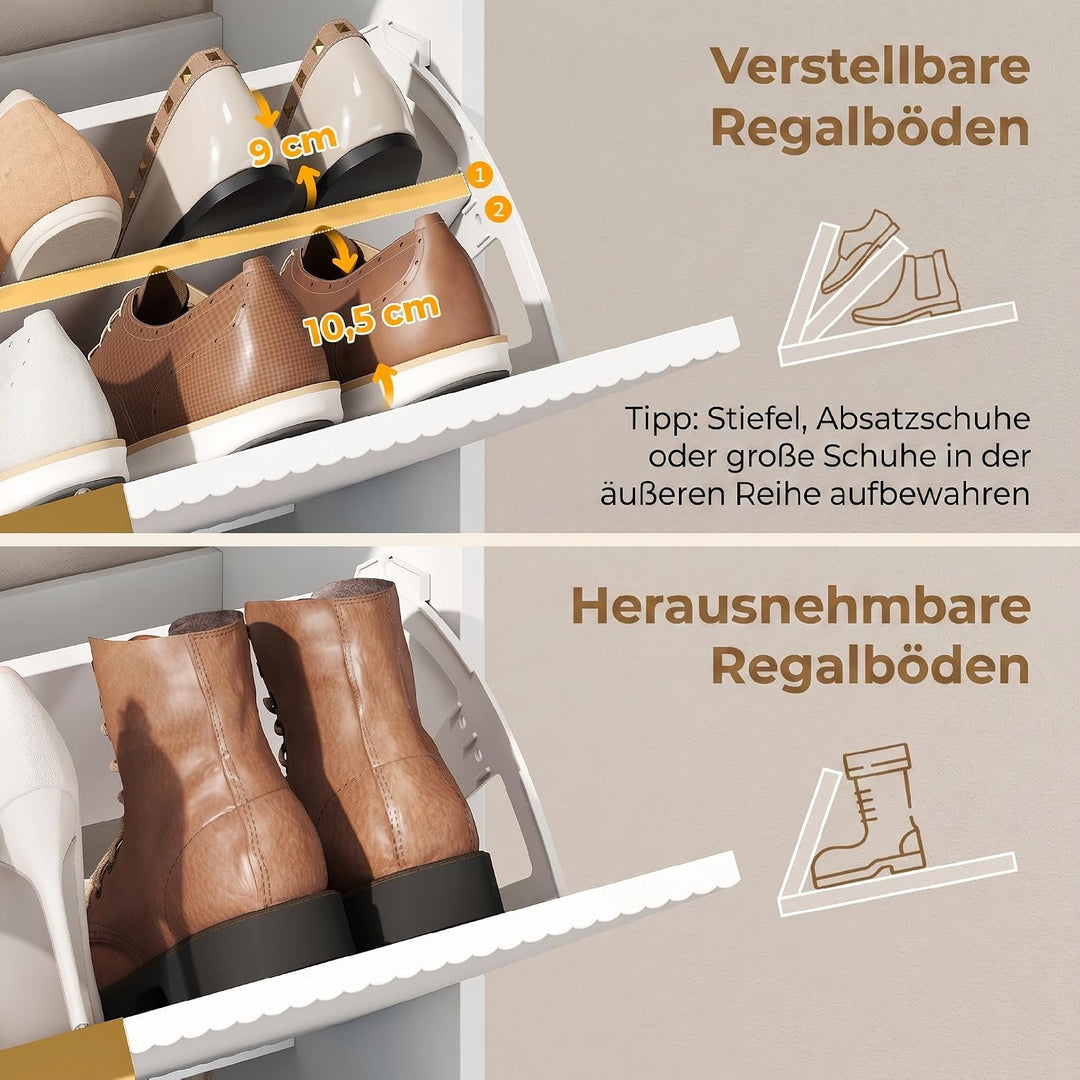 HOMCOM Schuhschrank mit 2 Klappen 2 Türen für 12-16 Paar 80x24x102,5cm Weiss | Schmal Schuhkipper, A