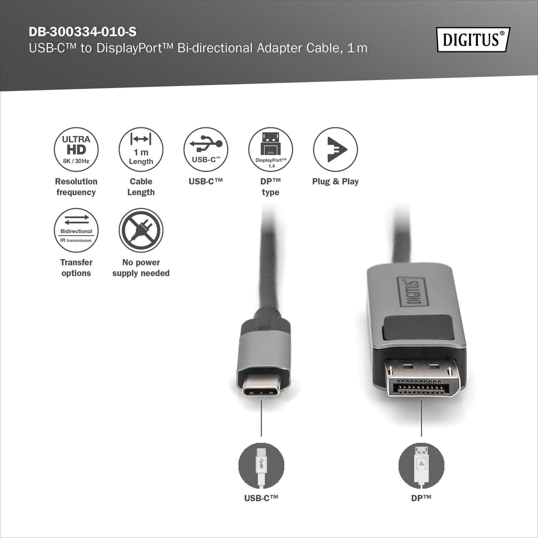 DIGITUS Displayport Adapterkabel - USB Typ-C zu Displayport 1.4-8k/30Hz - 4k/144Hz - Bidirektional -