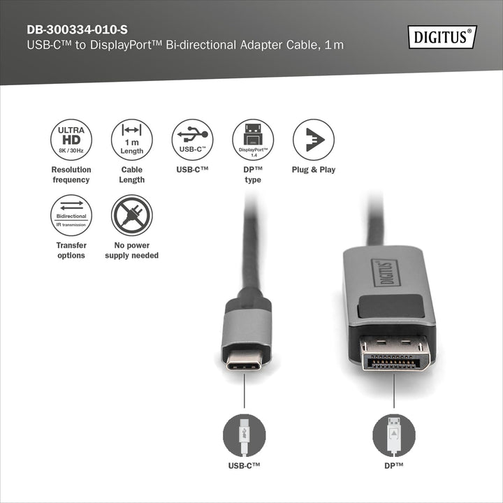 DIGITUS Displayport Adapterkabel - USB Typ-C zu Displayport 1.4-8k/30Hz - 4k/144Hz - Bidirektional -