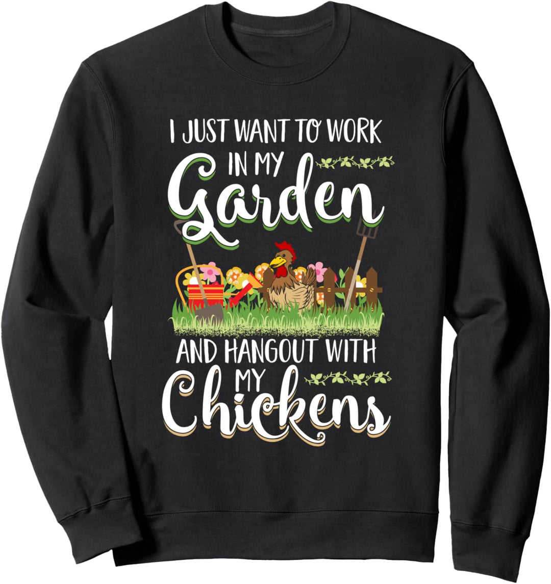 Arbeiten Sie in meinem Garten-Hangout mit meinen Hühnern im Sweatshirt