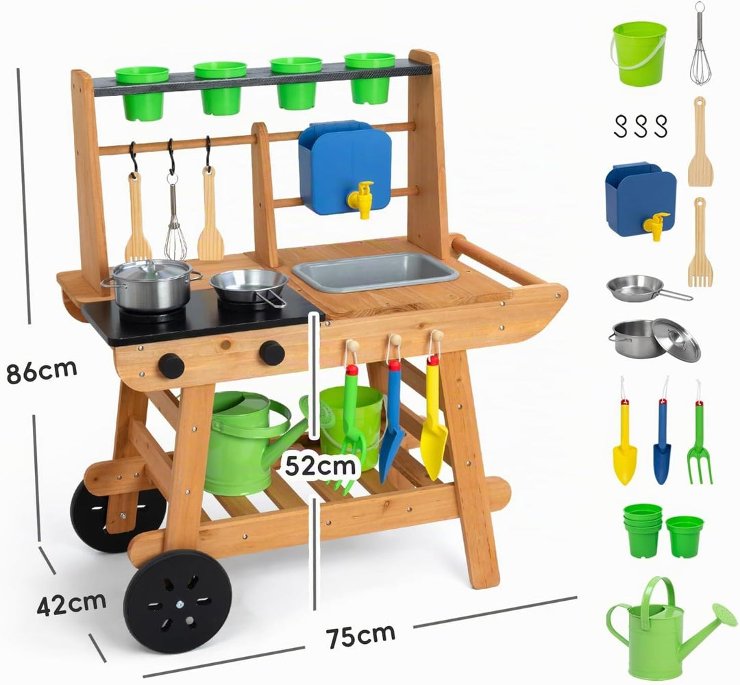OOOK Matschküche Kinder Outdoor mit Rädern, Outdoorküche Kinder aus Holz, Gartenspielküche Outdoor f