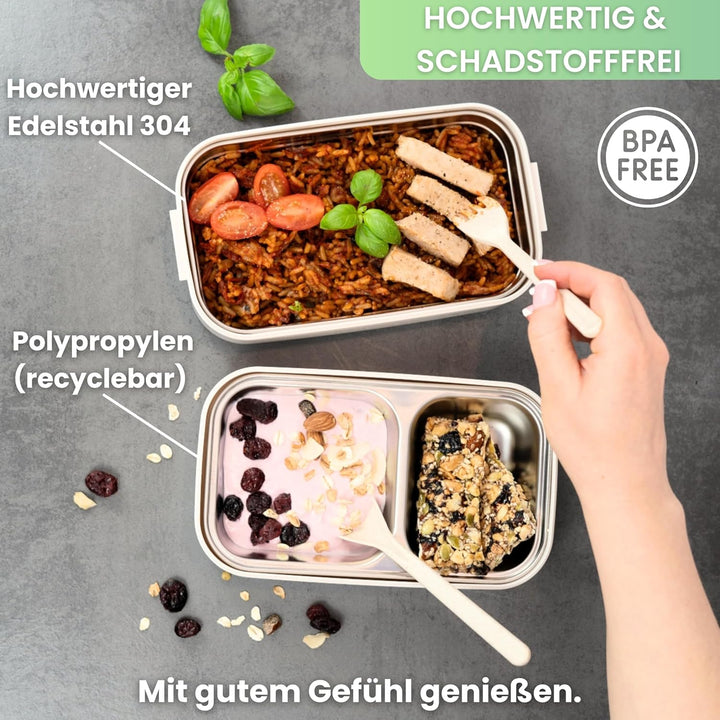 Bento Lunchbox „Taylor“, 2 Etagen mit Fächern, Premium Edelstahl, BPA-freie Brotdose mit Besteck ide