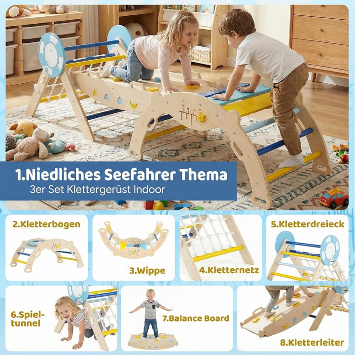COSTWAY Klettergerüst Indoor 3er Set, klappabres Kletterdreieck mit Rutsche, Kletterbogen, Netz, ink