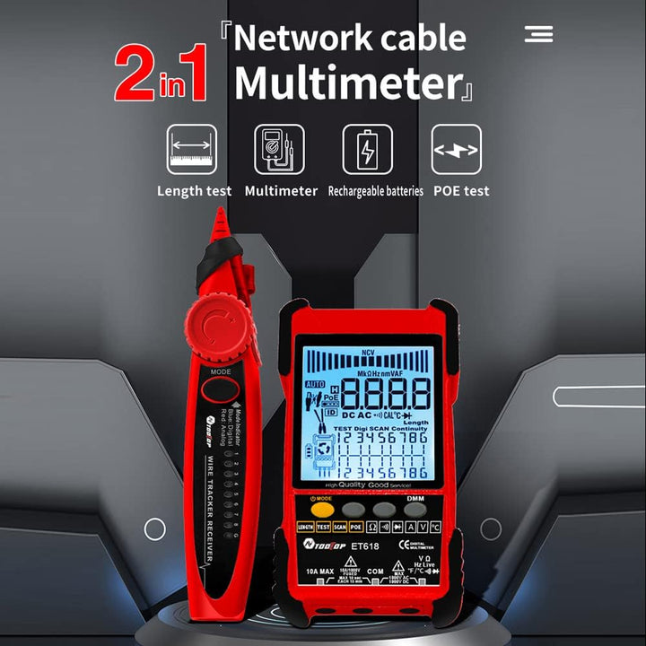 TOOLTOP ET618 Handheld Portable Cable Tester with LCD Display Analogs Digital Search POE Test Cable