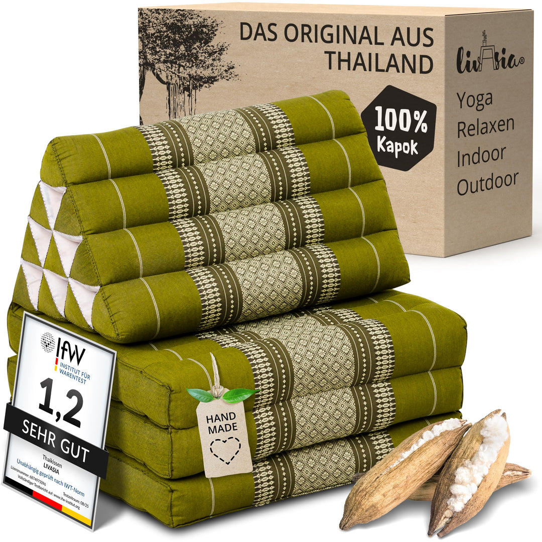 livasia Thaikissen mit 3 Auflagen, Dreieckskissen mit Klappmatratze, Keilkissen Kapok, Rückenkissen