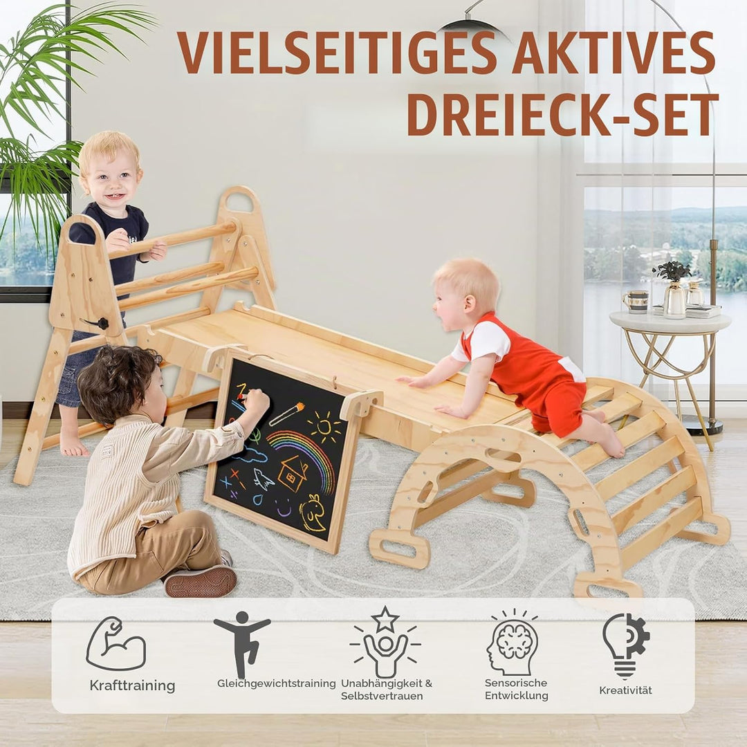 6in1 Montessori Klettergerüst, Klettern Kinder Indoor mit Kletterbogen, Rutsche und Mini Kinder Malt
