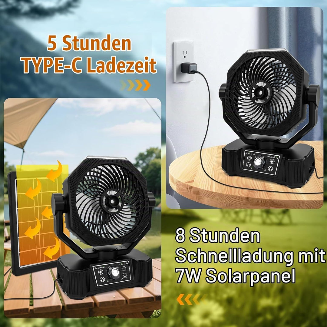 Camping Ventilator mit Wasserkühlung, Solarpanel, licht, 12000mAh Solarventilator Outdoor, Wiederauf