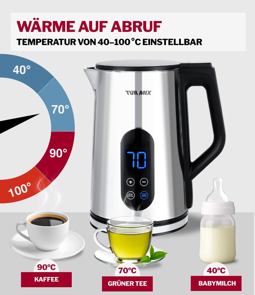 Turmix Wasserkocher mit Temperatureinstellung – 1,7L Digitaler Wasserkocher edelstahl mit LED-Anzeig