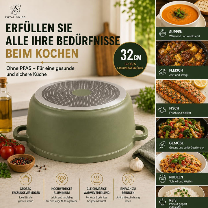 Royal Swiss Kochtopf mit Marmorbeschichtung, Glasdeckel, Induktion, 9,5 l, 32 cm, Grün (Grün, 32 cm)