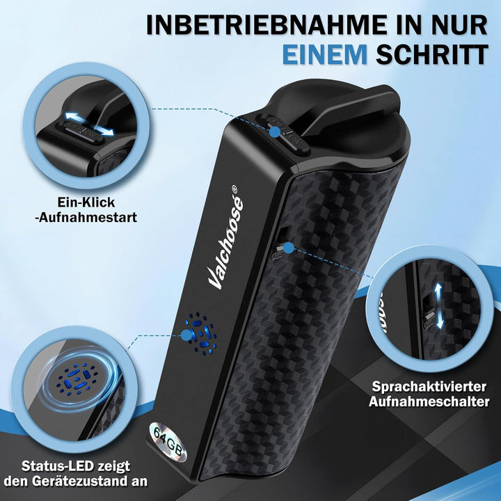 Valchoose 64 GB Digitales Diktiergerät – Aufnahmegerät Klein mit One-Touch-Aufnahme, Magnetfunktion