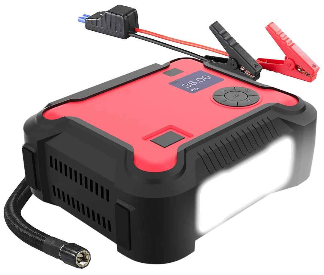 revolt Pkw Starthilfe: 4in1-Starthilfe-Powerbank, Kompressor, USB, 16 Ah, 1200A, 150 psi (Pumpe, Akk