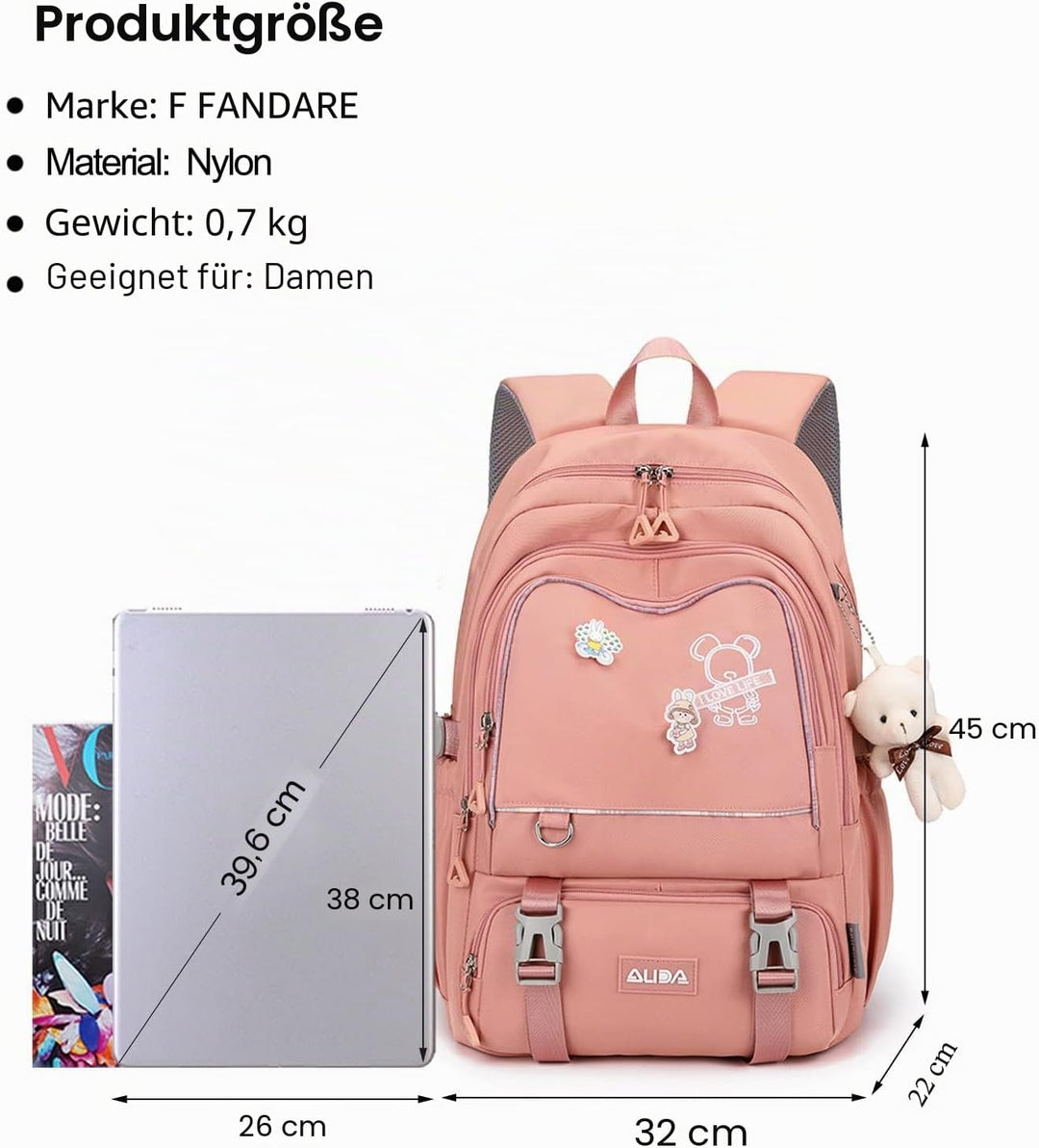 FANDARE Schulrucksack Schulrucksack Kinderrucksack Schultasche Jungen Mädchen Rucksack Schulranzen f