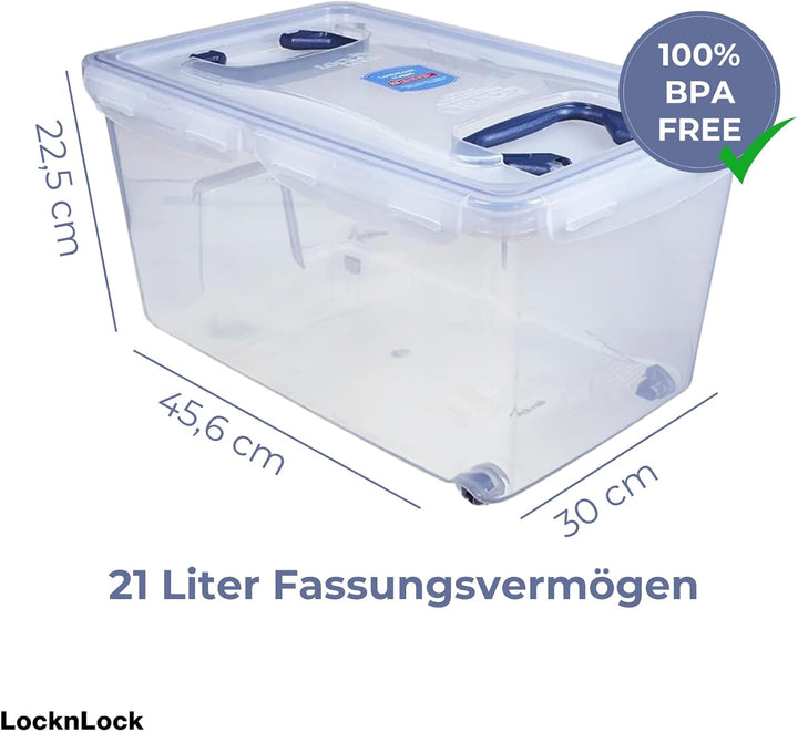 LocknLock PP CLASSIC Aufbewahrungsbox mit Deckel und Griffen | 21 L, 456 x 300 x 225 mm | 100 % Luft