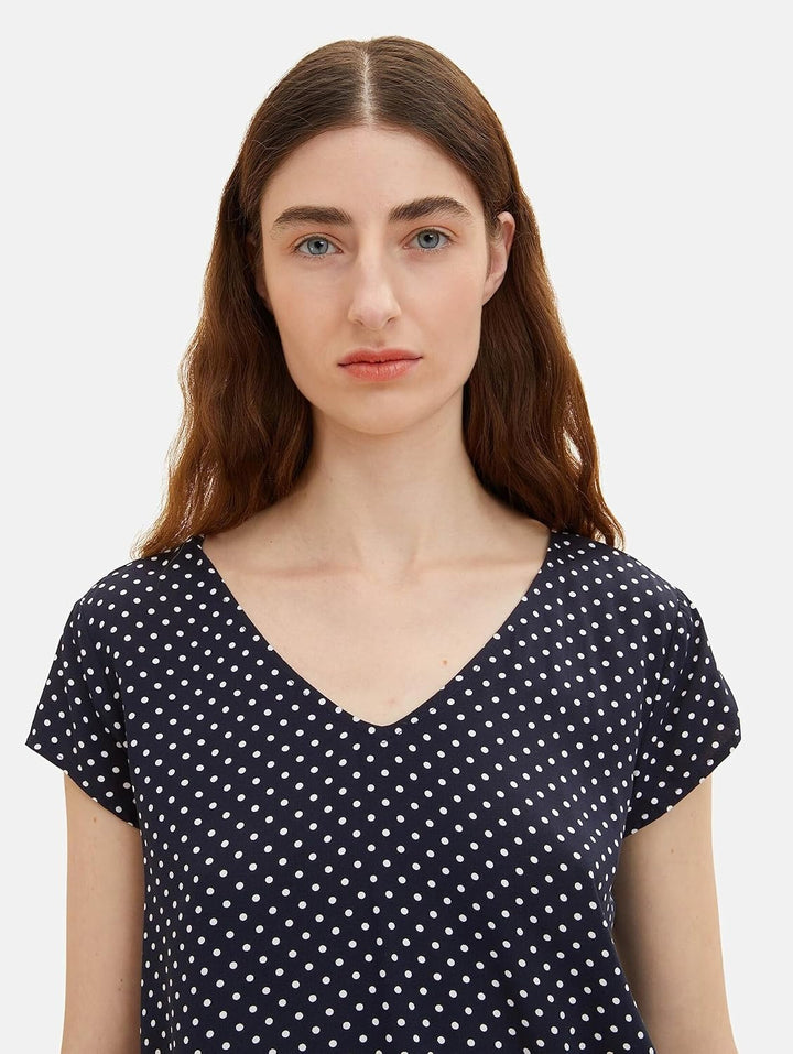 TOM TAILOR Damen Basic Bluse mit V-Ausschnitt 34 32086 - Small Navy Dot Design, 34 32086 - Small Nav