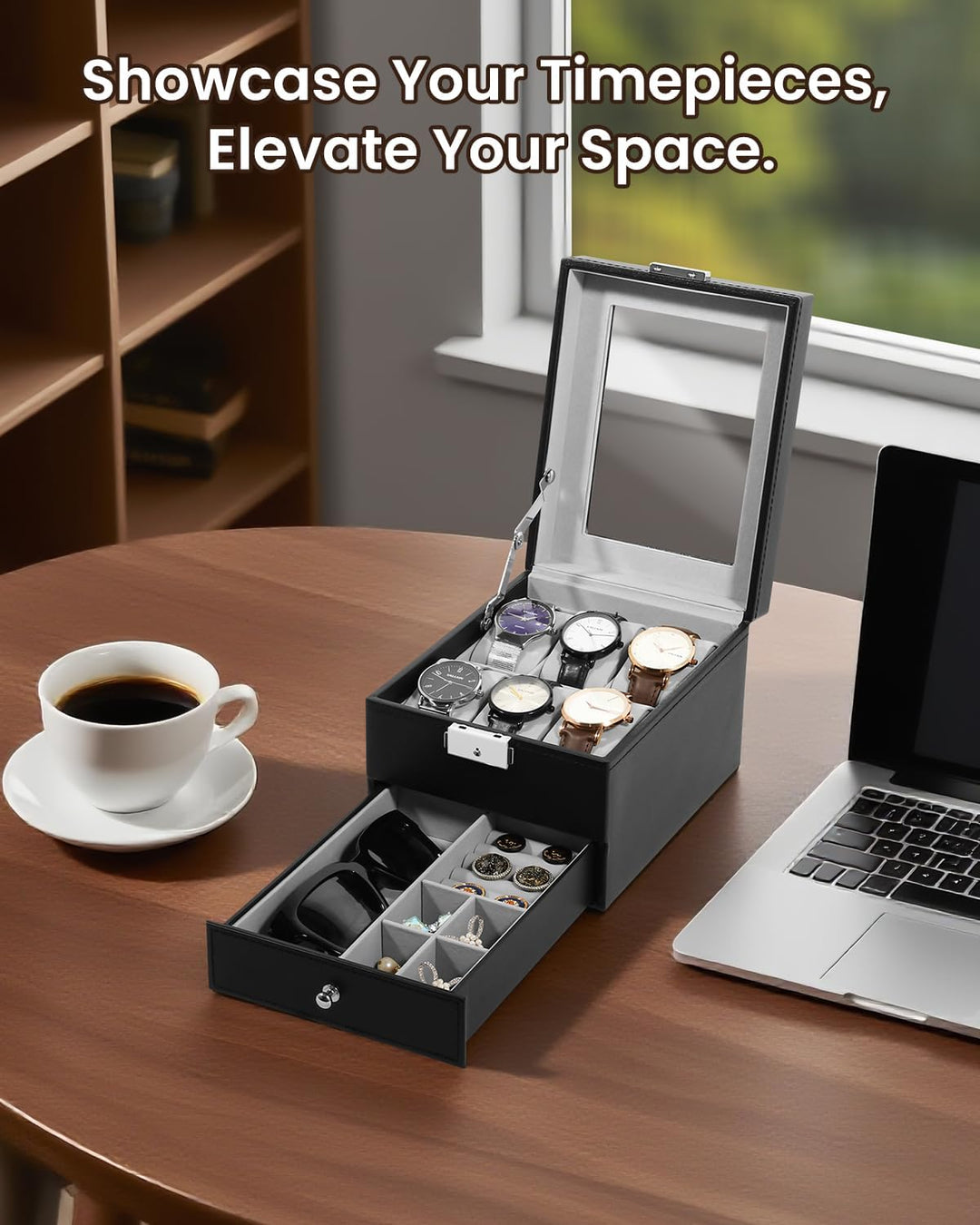 Uten Uhrenbox, 6 Fächern und 1 Schublade mit Schlüsselschloss, Glasdeckel, Schwarzes PU, Graues Samt