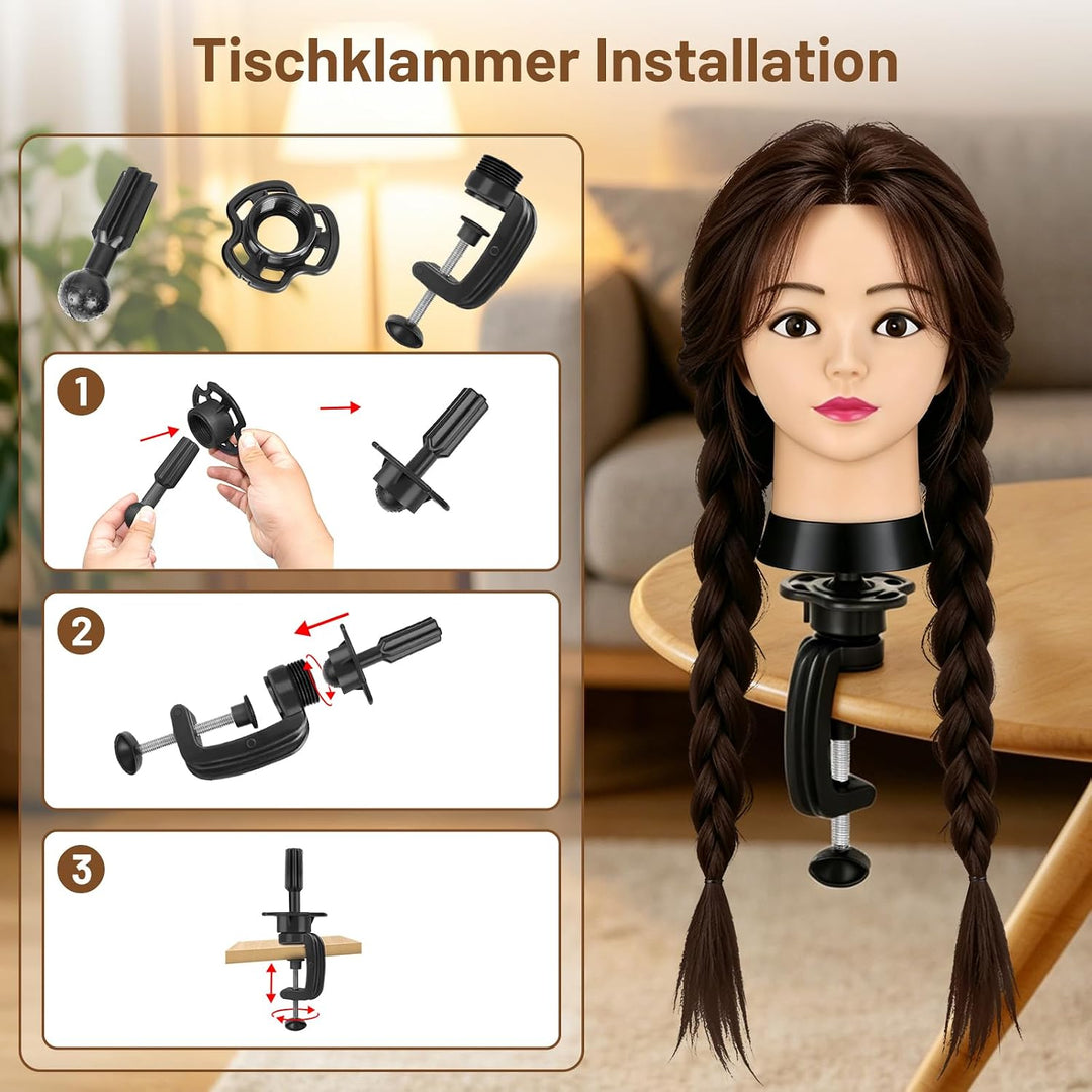 TwoWin 60 cm Trainingsköpfe Friseur, 24 Zoll Frisierkopf mit 80% Echthaar Rotbraun, Rotbraun
