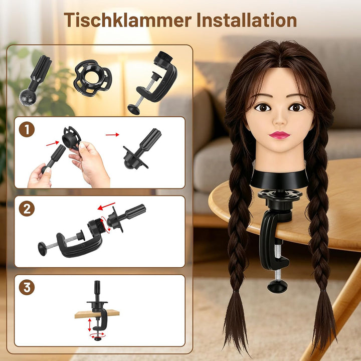 TwoWin 60 cm Trainingsköpfe Friseur, 24 Zoll Frisierkopf mit 80% Echthaar Rotbraun, Rotbraun