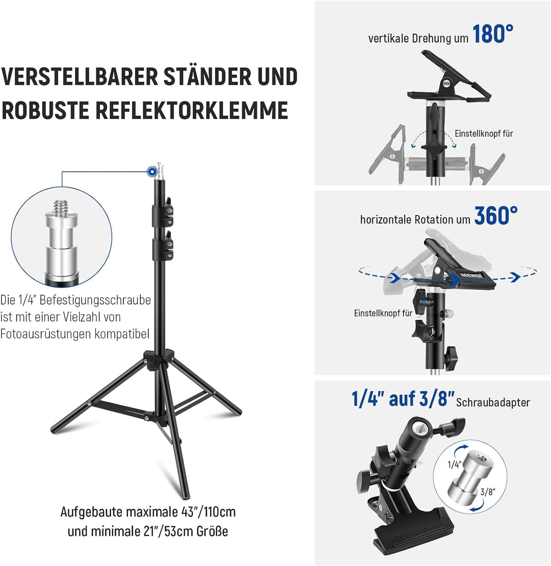 NEEWER 43"/110cm Lichtreflektor Kit,5 in 1 zusammenklappbarer runder Reflektor(Transluzent/Silber/Go