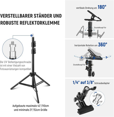 NEEWER 43"/110cm Lichtreflektor Kit,5 in 1 zusammenklappbarer runder Reflektor(Transluzent/Silber/Go