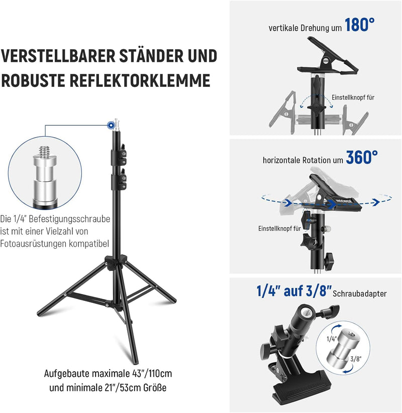 NEEWER 43"/110cm Lichtreflektor Kit,5 in 1 zusammenklappbarer runder Reflektor(Transluzent/Silber/Go