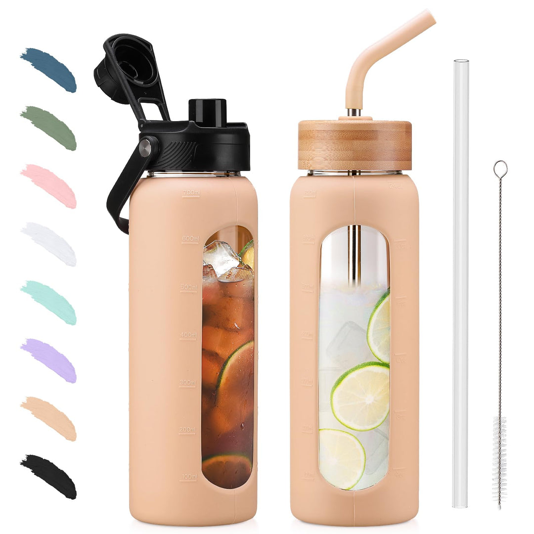 BLUEGO 700ml Glaswasserflasche mit Strohhalm und 2 Deckeln Kaffeetasse aus Glas mit Zeitmarkierung u