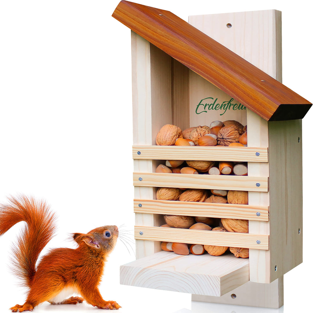 ERDENFREUND® Eichhörnchen Futterhaus ohne scharfes Glas & Genickbruch-Klappe 100% sicher wetterfest