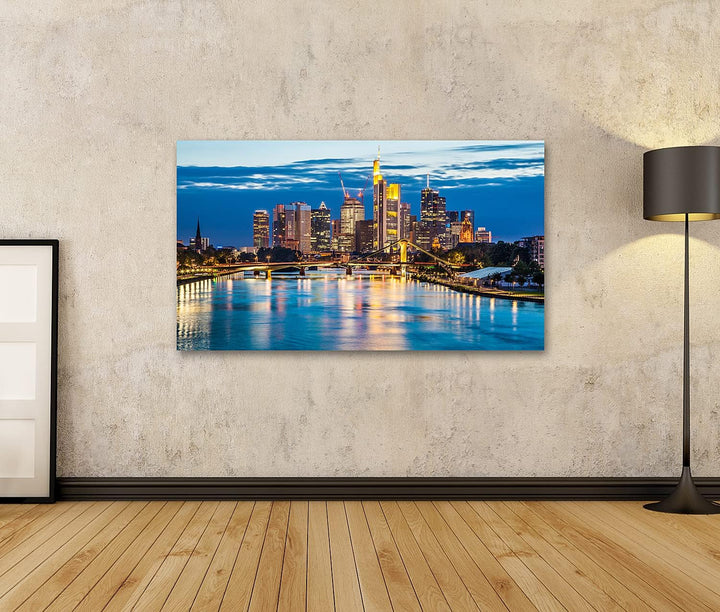 islandburner Bild auf Leinwand Schöne Aussicht Auf Frankfurt Am Main Skyline An Der Dämmerung Deutsc
