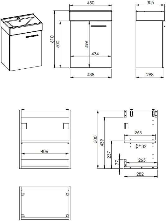 VBChome Badmöbel Set 45 cm Weiss Waschbecken mit Hängeschrank Weiss mit Armantur Chrom Waschtisch 1-