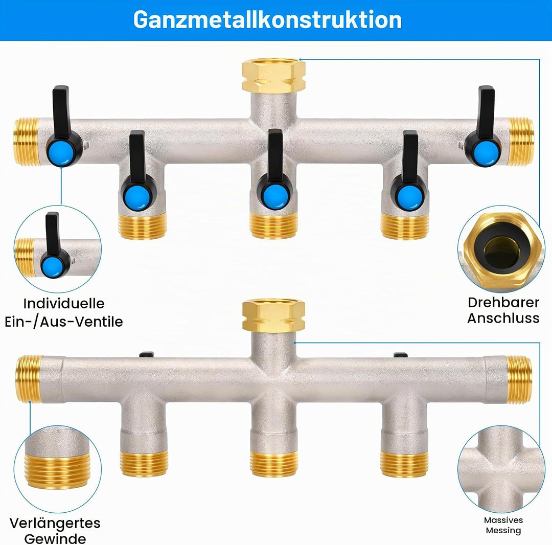 5-Wege Verteiler [Grosser Durchfluss], 3/4 Zoll Wasserhahn Wasserverteiler aus Vernickeltem Messing,