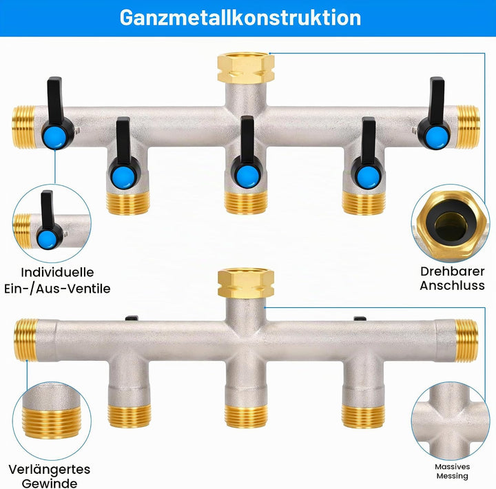 5-Wege Verteiler [Grosser Durchfluss], 3/4 Zoll Wasserhahn Wasserverteiler aus Vernickeltem Messing,