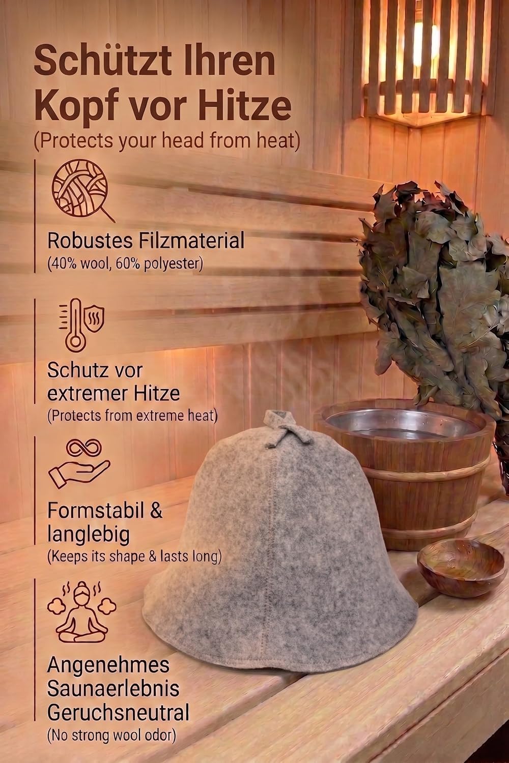 Saunahut aus Wolle mit Stickerei – Sauna Mütze aus Wollmischfilz mit Polyesterfilz-Anteil für Damen