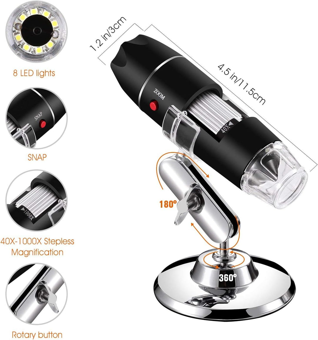 Jiusion 40-1000x Vergrösserung Endoskop, 8 LED USB 2.0 Digital Mikroskop, Mini Kamera mit OTG Adapte