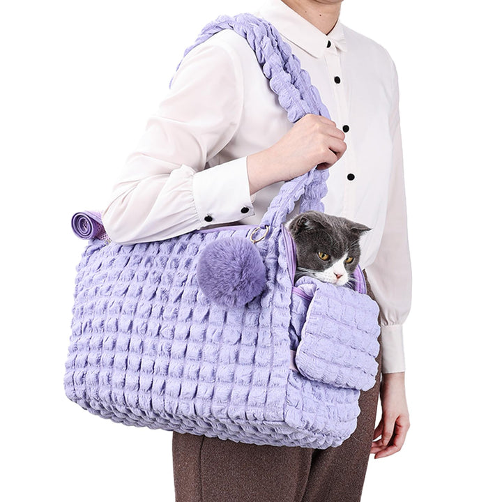 Weiche Tragetaschen für Katzen, modische Luftpolstertasche, Gesteppte Handtasche mit flauschigem Bal