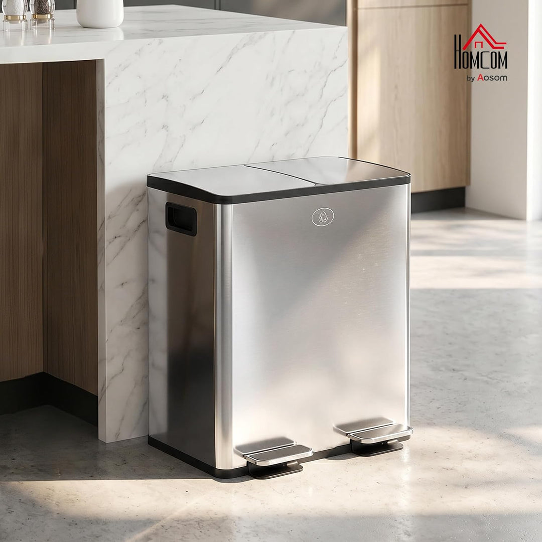 HOMCOM Mülleimer 2 x 20L Abfalleimer aus Edelstahl Mülltrennsystem mit Softclose Deckel, Herausnehmb