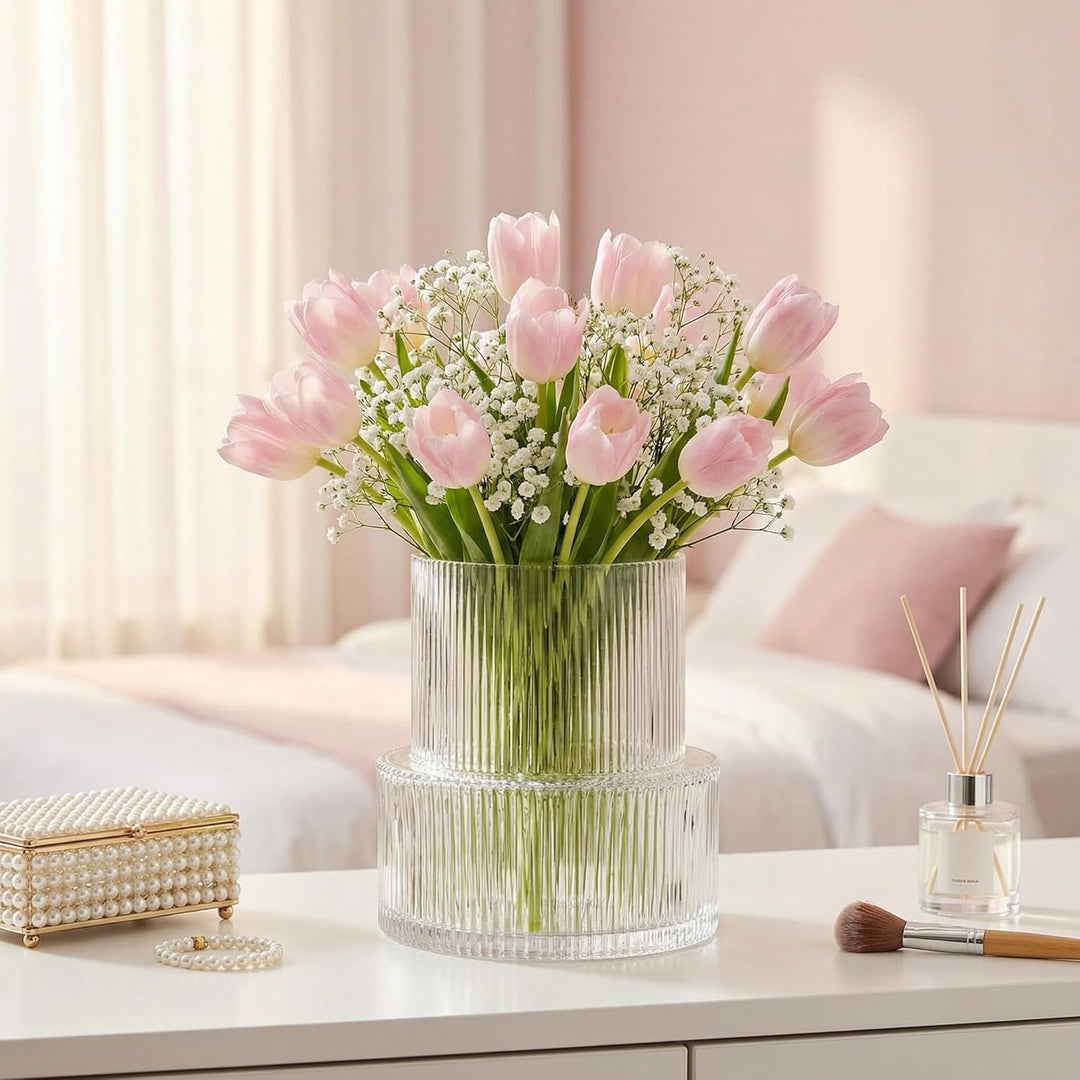 Geriffelte Glasvase von YANWE1, Blumenvase, geriffelte durchsichtige Vasen für Blumen, Moderne Vasen